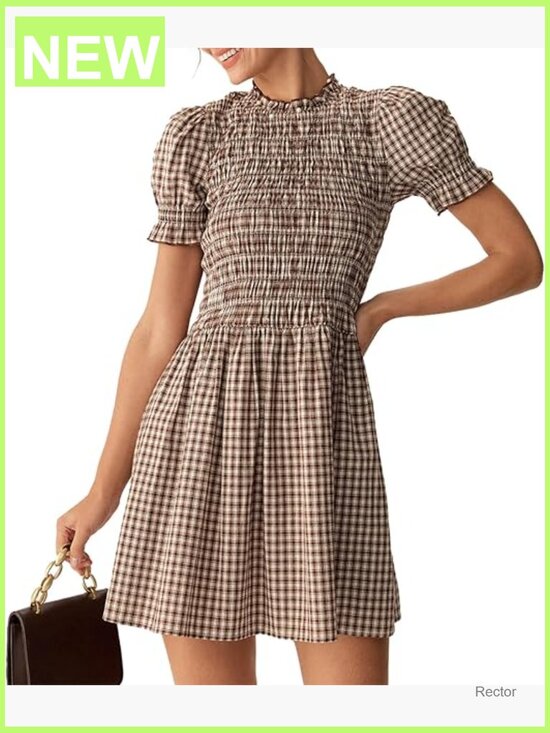 Dresses & Skirts - Smocked A-Line Midi Dress with Puff Short Sleeves Flowy Boho Beach Sundress